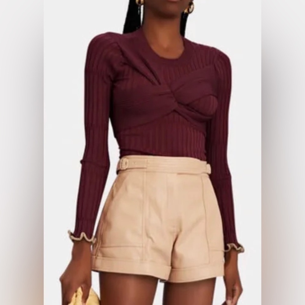 NWT JONATHAN SIMKHAI Nolan Long Sleeve Top Ribbed Twist Bow Maroon Merlot Size S